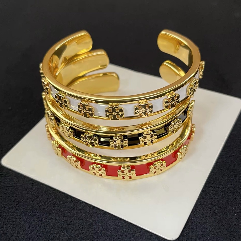 Authentic 18k Gold Plated Enamel Cuff Bracelet - White Black Red Bundle Of 3 330$